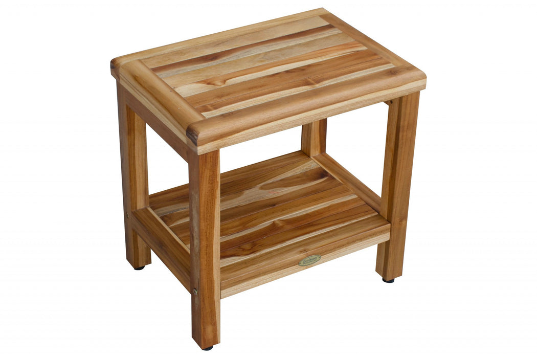 18" Contemporary Teak Shower Stool Or Bench With Shelf In Natural Finish