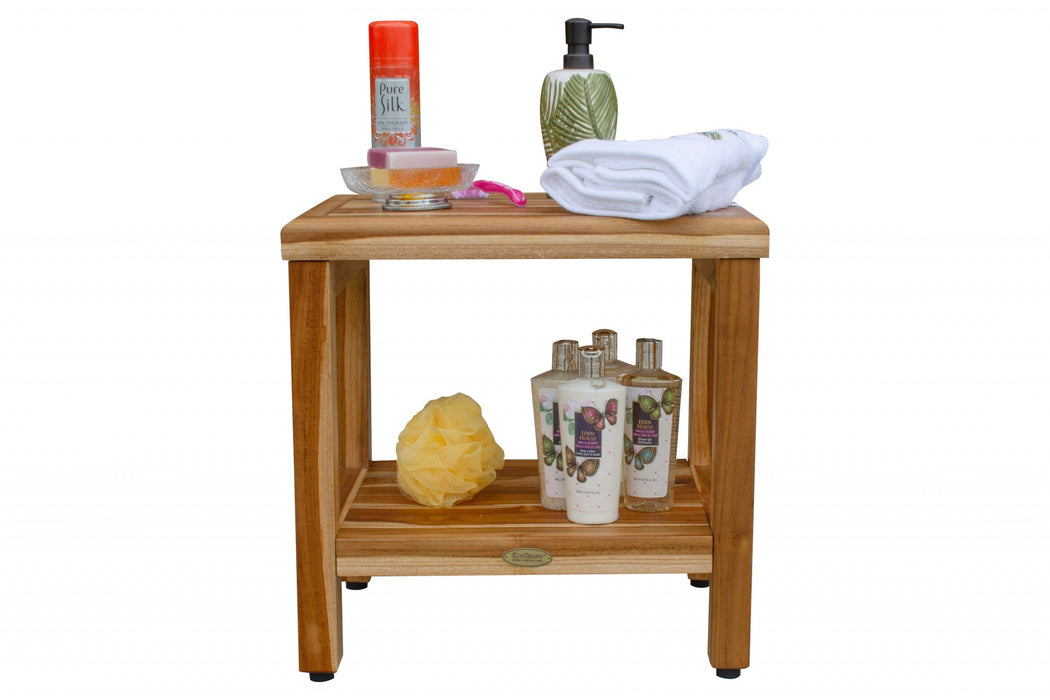 18" Contemporary Teak Shower Stool Or Bench With Shelf In Natural Finish