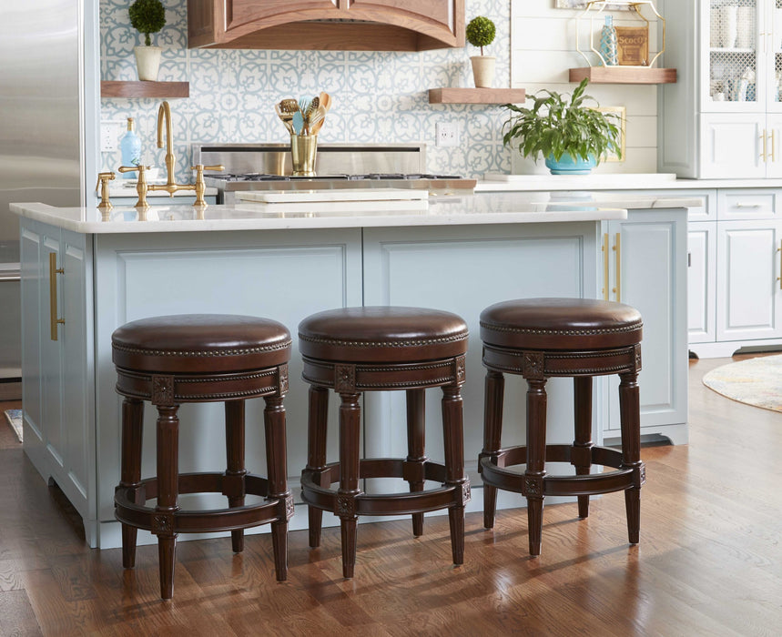 26" Dark Brown And Wood Brown Faux Leather Swivel Backless Counter Height Bar Chair