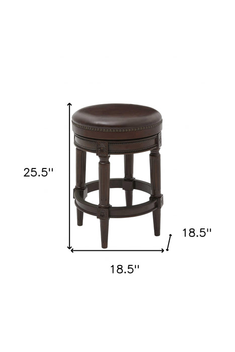 26" Dark Brown And Wood Brown Faux Leather Swivel Backless Counter Height Bar Chair