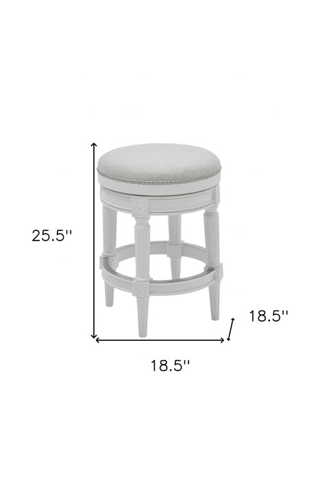 26" White Fabric And Solid Wood Swivel Backless Counter Height Bar Chair