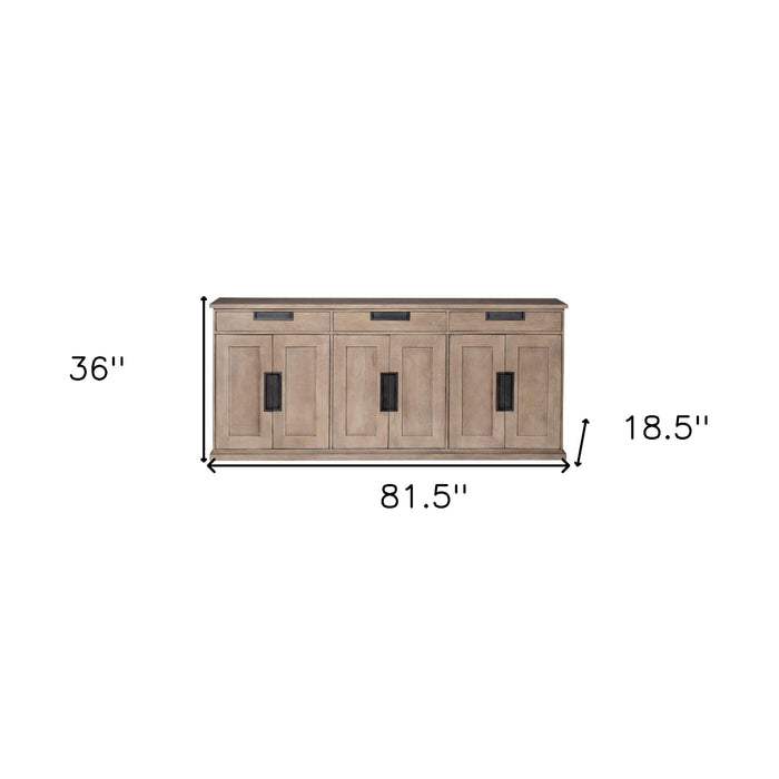 82" Brown Solid Wood Three Drawer Sideboard with Six Doors