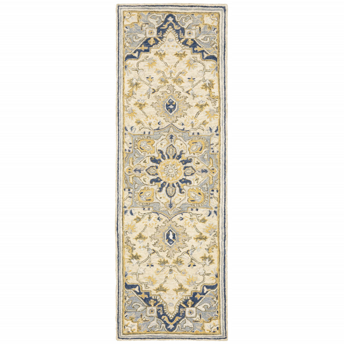 3' X 8' Blue And Ivory Bohemian Runner Rug