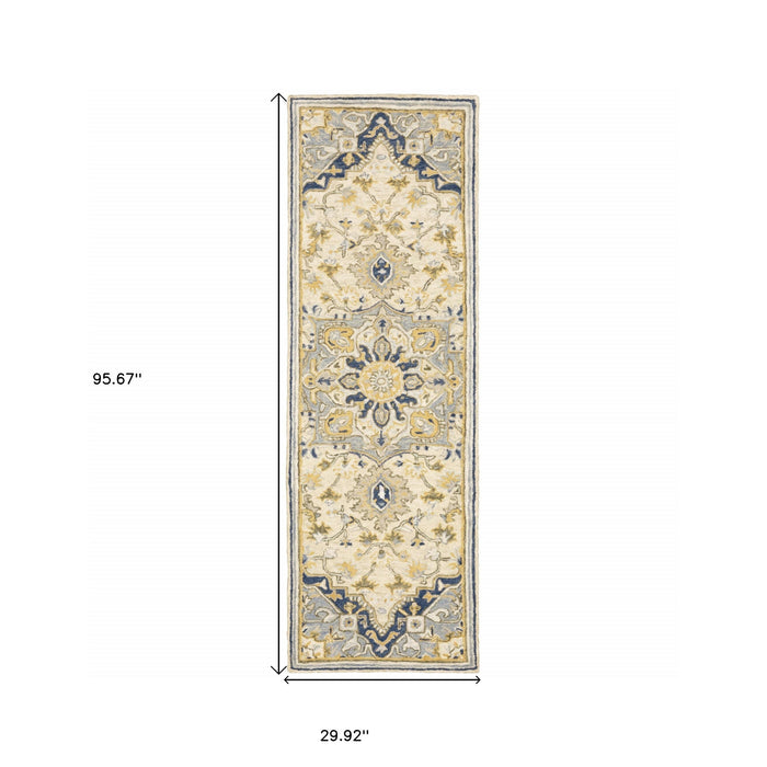 3' X 8' Blue And Ivory Bohemian Runner Rug