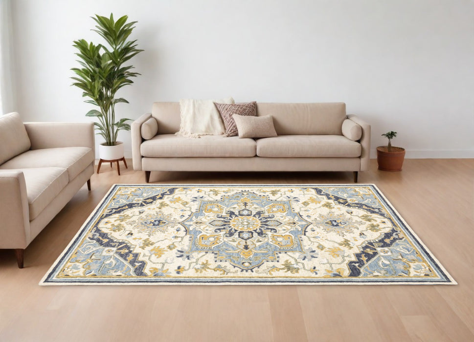 3' X 8' Blue And Ivory Bohemian Runner Rug