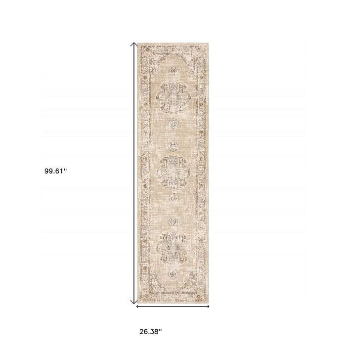 12' Runner Beige and Ivory Power Loom Runner Rug