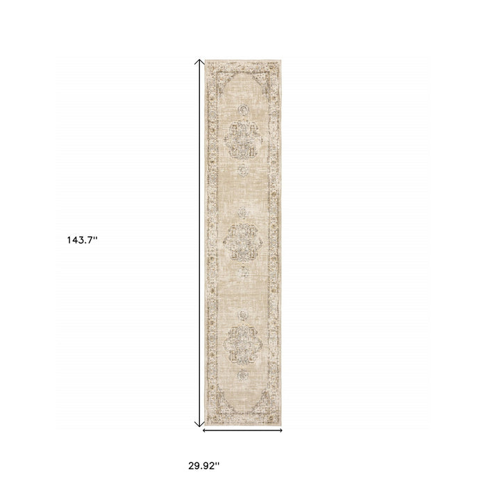 12' Runner Beige and Ivory Power Loom Runner Rug