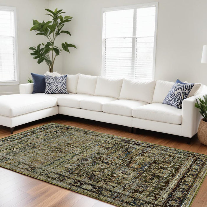 8' X 10' Green And Brown Floral Area Rug