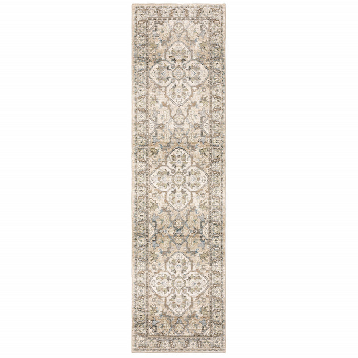 2' X 8' Beige And Ivory Medallion Runner Rug