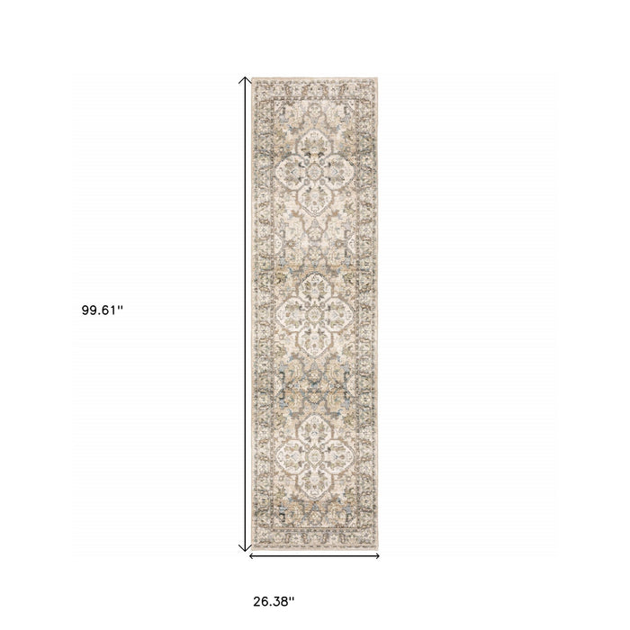 2' X 8' Beige And Ivory Medallion Runner Rug