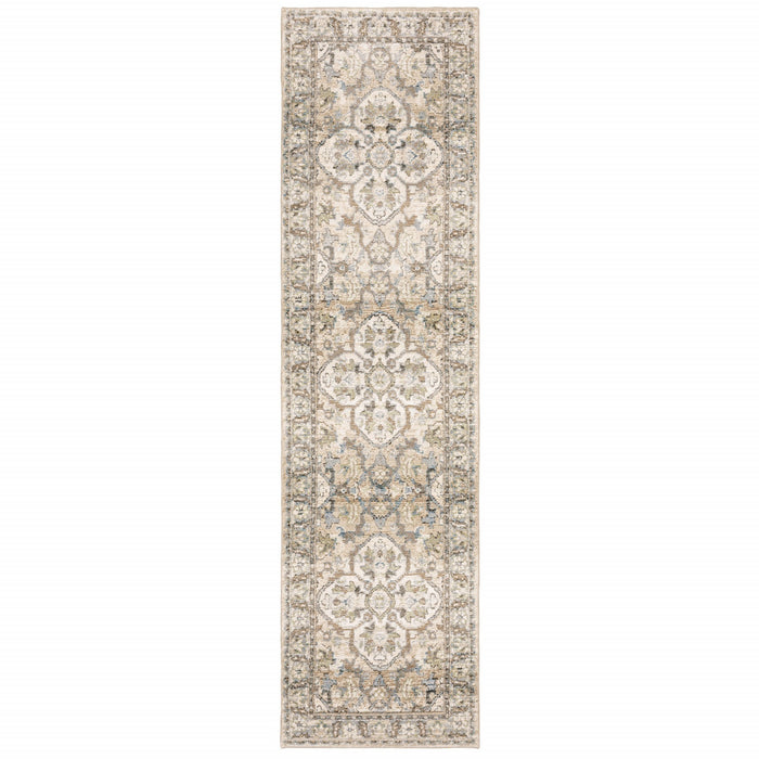 2' X 8' Beige And Ivory Medallion Runner Rug