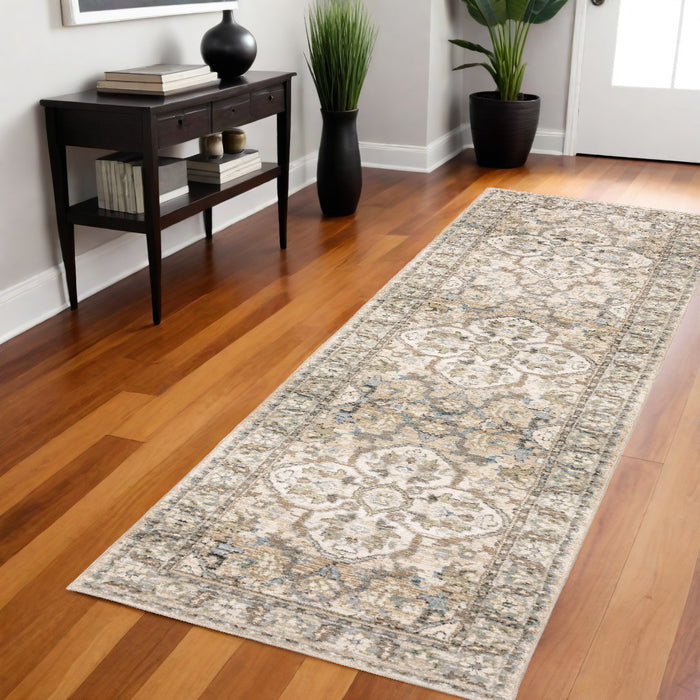 2' X 8' Beige And Ivory Medallion Runner Rug