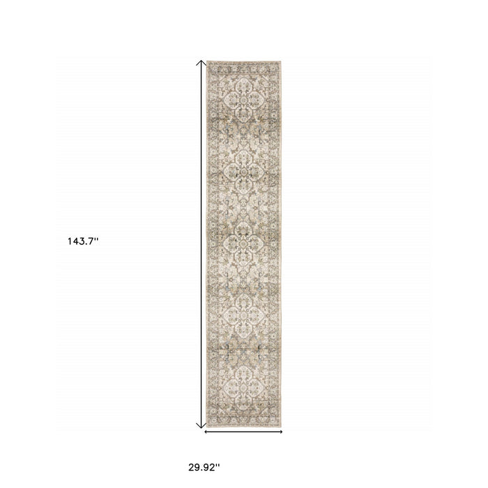 2' X 8' Beige And Ivory Medallion Runner Rug