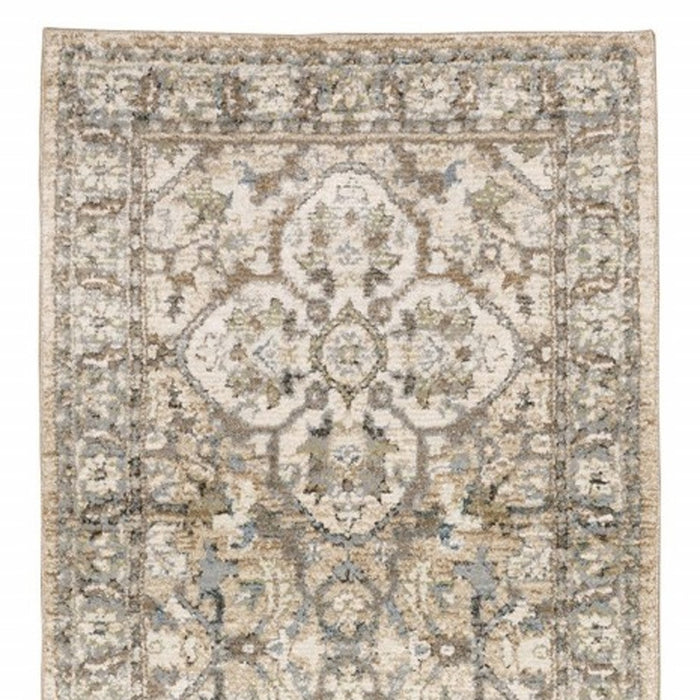 2' X 8' Beige And Ivory Medallion Runner Rug