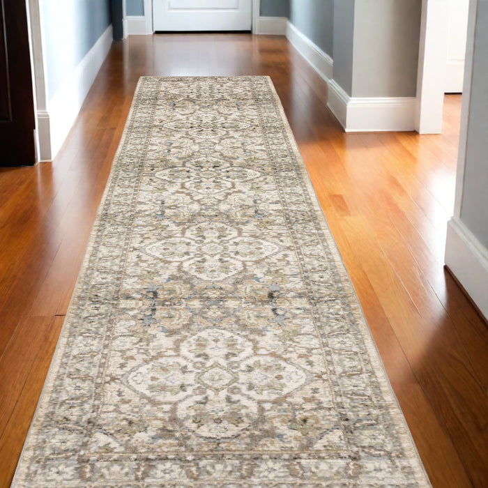 2' X 8' Beige And Ivory Medallion Runner Rug