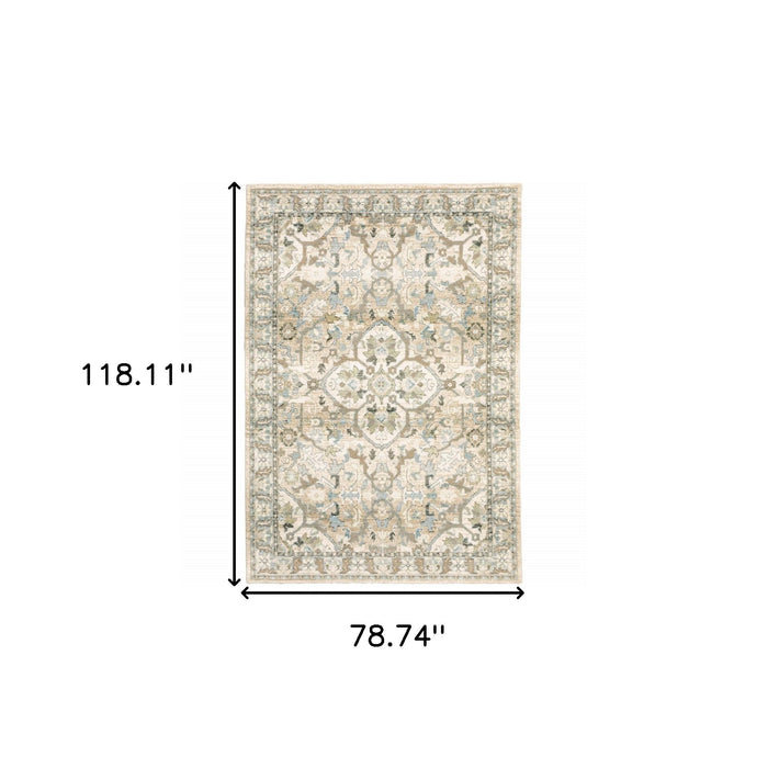 2' X 8' Beige And Ivory Medallion Runner Rug