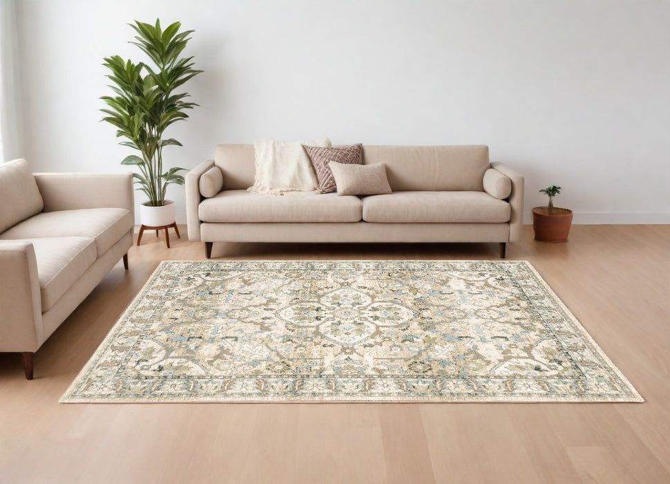 2' X 8' Beige And Ivory Medallion Runner Rug