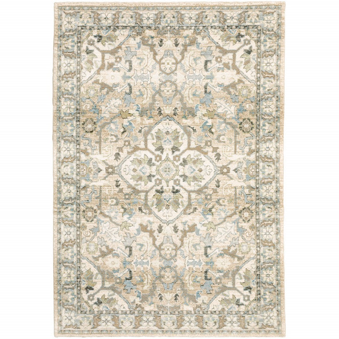 2' X 8' Beige And Ivory Medallion Runner Rug