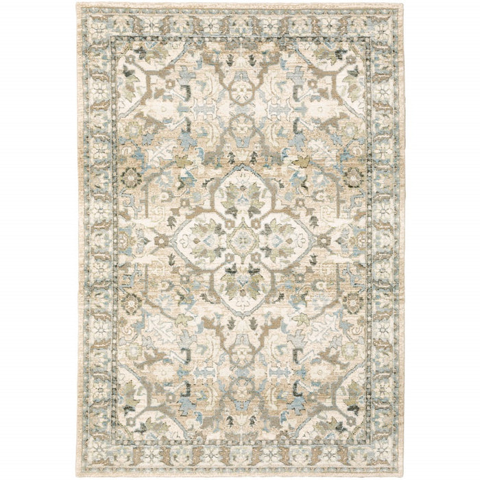 2' X 8' Beige And Ivory Medallion Runner Rug