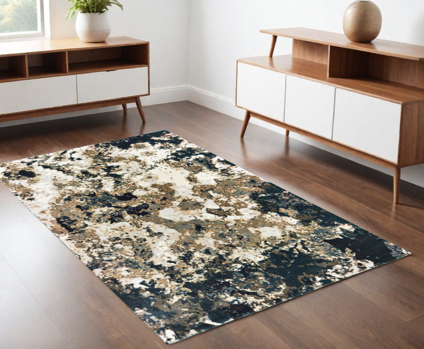 7' X 10' Ivory Navy Abstract Marble Indoor Area Rug