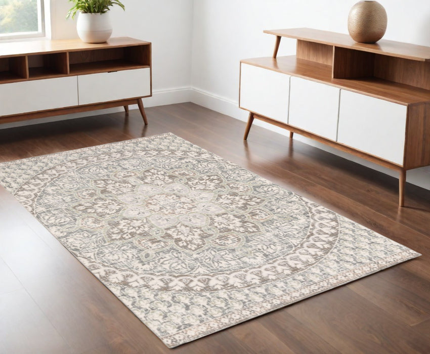 3' X 6' Ivory Grey Distresed Oversize Medallion Indoor Area Rug