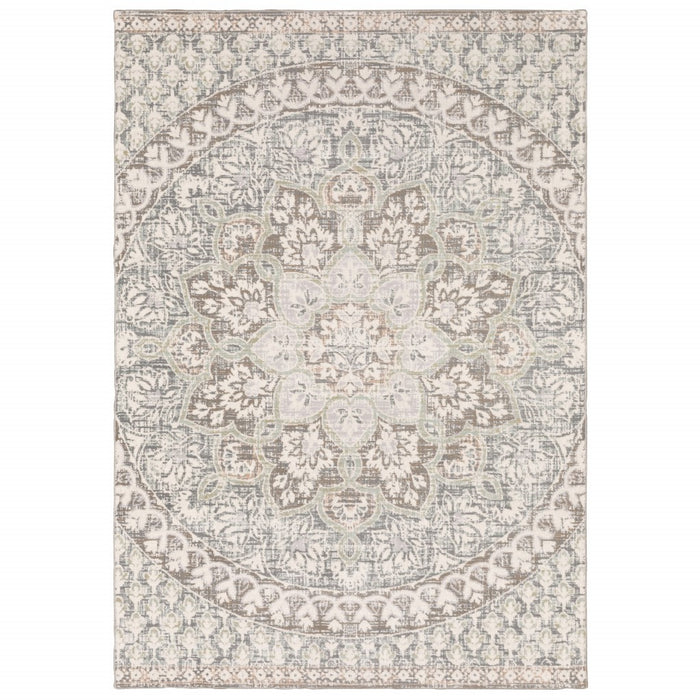 3' X 6' Ivory Grey Distresed Oversize Medallion Indoor Area Rug