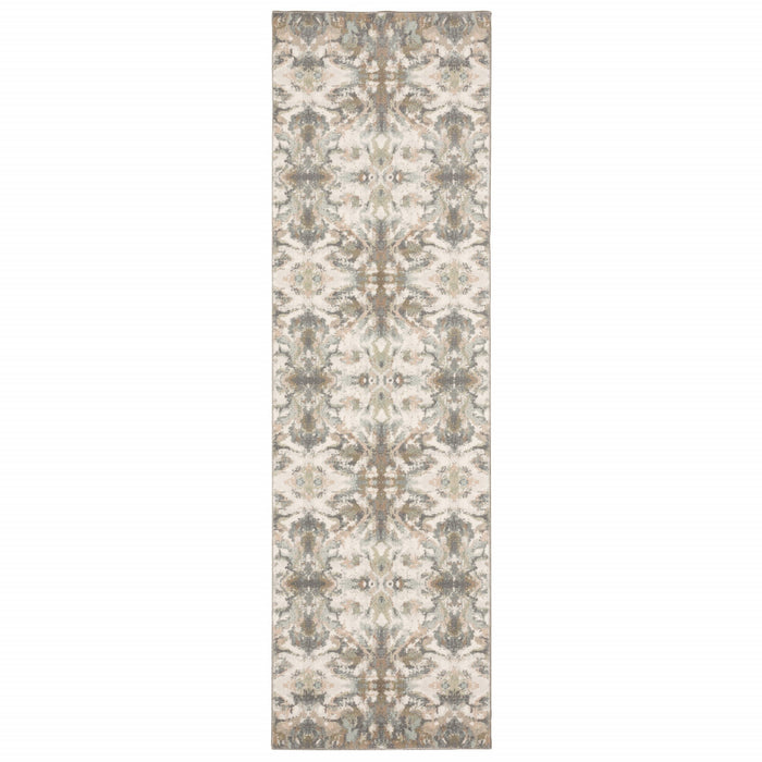 7' Ivory Gray Abstract Ikat Indoor Runner Rug