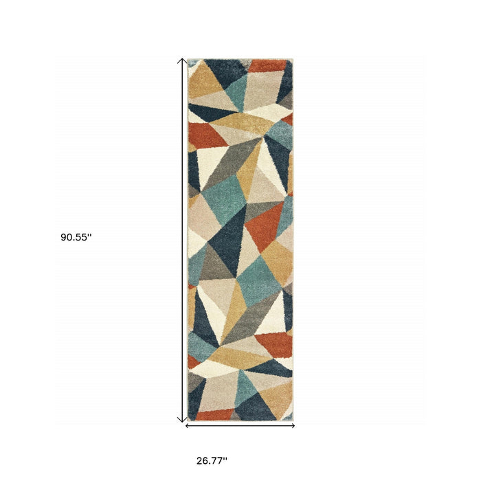 2' X 3' Blue Green Beige Retro Wedge Indoor Area Rug