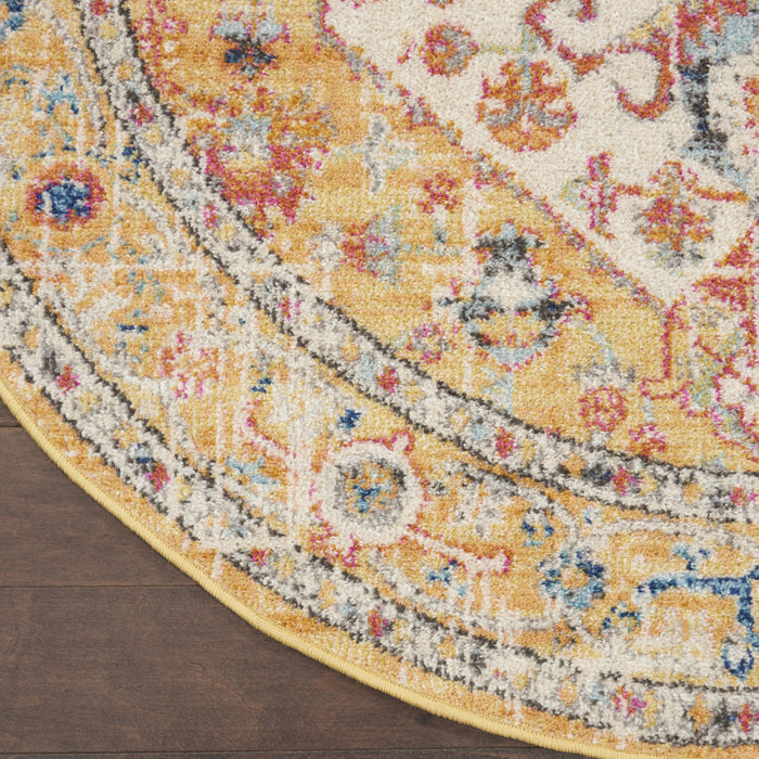 4' Yellow And Ivory Round Dhurrie Area Rug