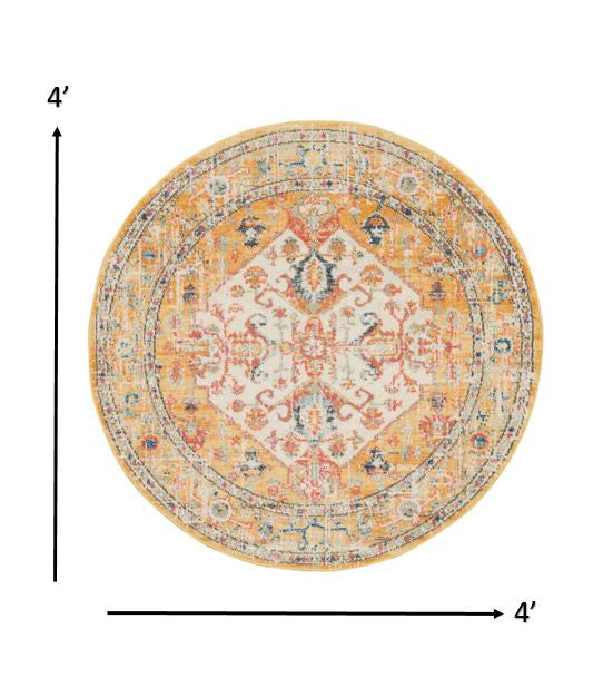 4' Yellow And Ivory Round Dhurrie Area Rug