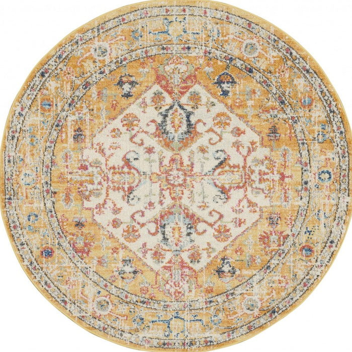 4' Yellow And Ivory Round Dhurrie Area Rug