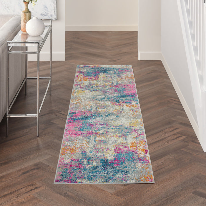 10' Blue And Pink Abstract Power Loom Runner Rug