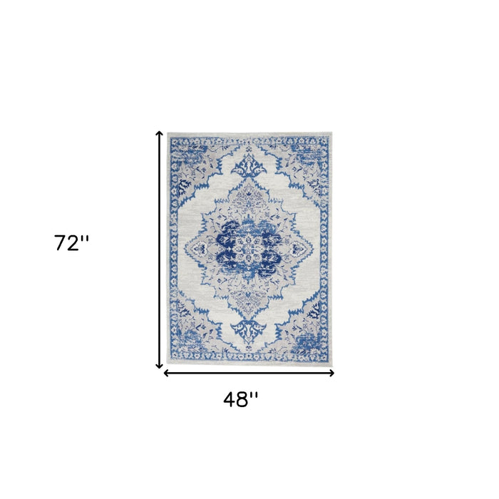 4' X 6' Navy Blue Floral Dhurrie Area Rug