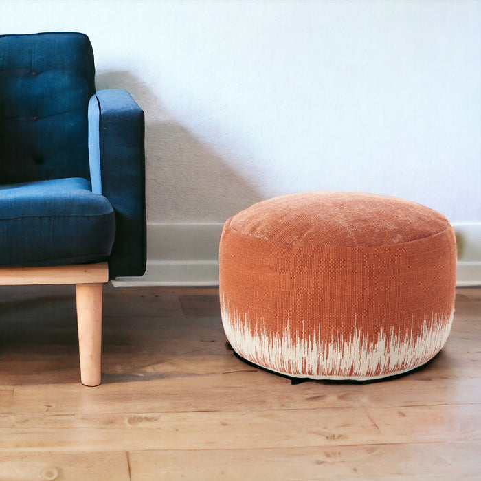 20" Orange and White Cotton Round Abstract Pouf Ottoman