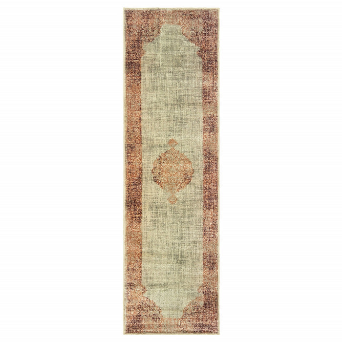 2' X 8' Ivory And Pink Medallion Runner Rug