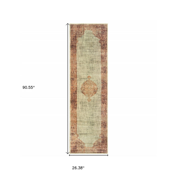 2' X 8' Ivory And Pink Medallion Runner Rug