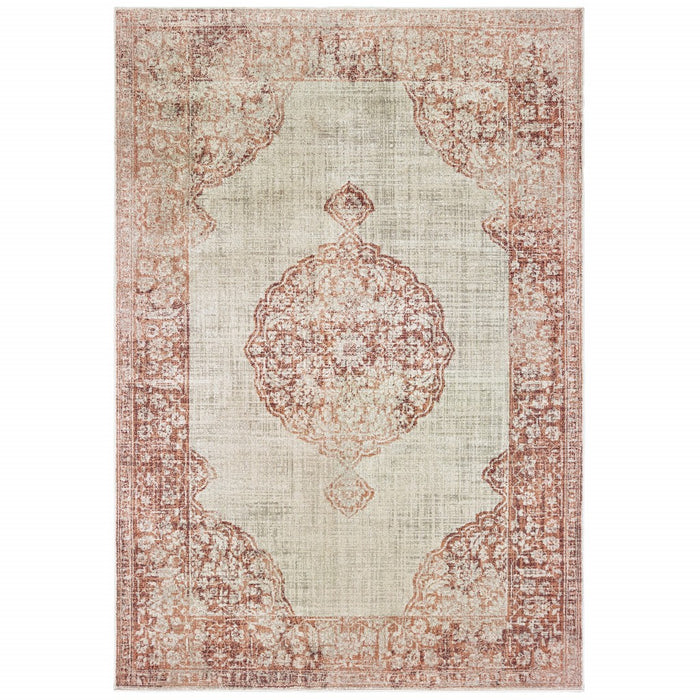 2' X 8' Ivory And Pink Medallion Runner Rug