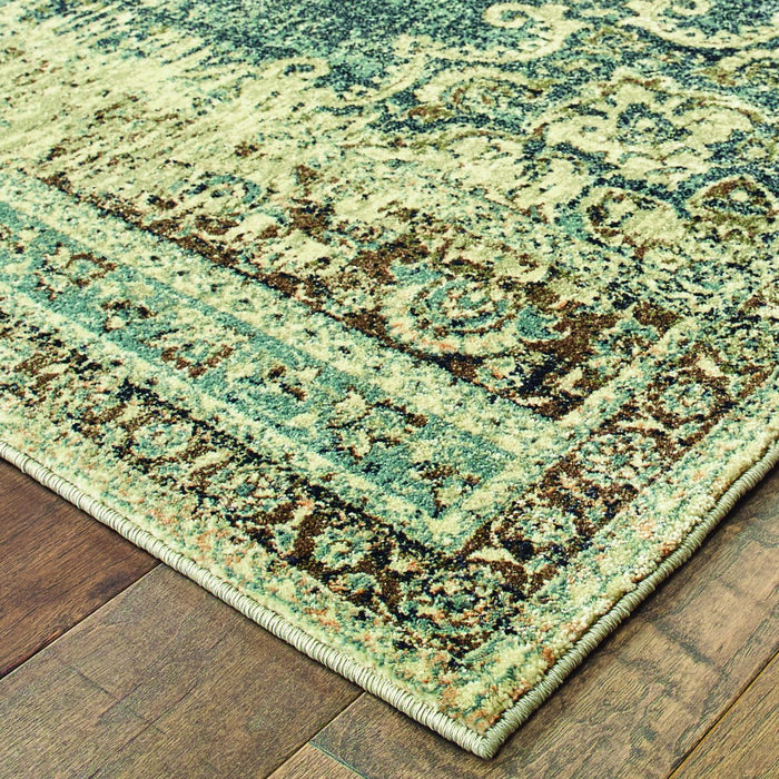 2' X 8' Blue And Ivory Medallion Runner Rug