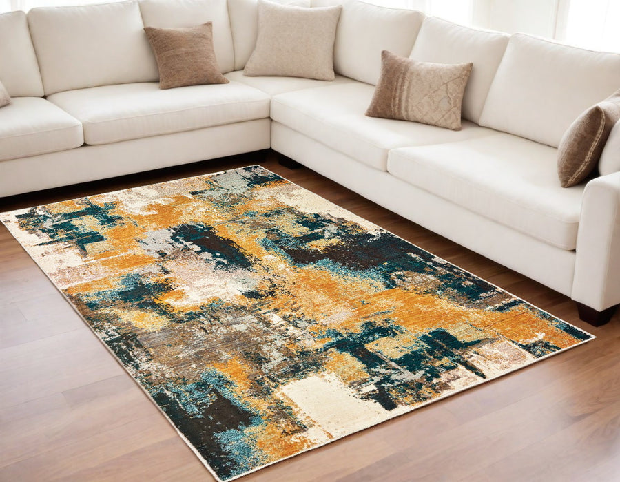 5' X 8' Cream Black and Orange Abstract Power Loom Area Rug