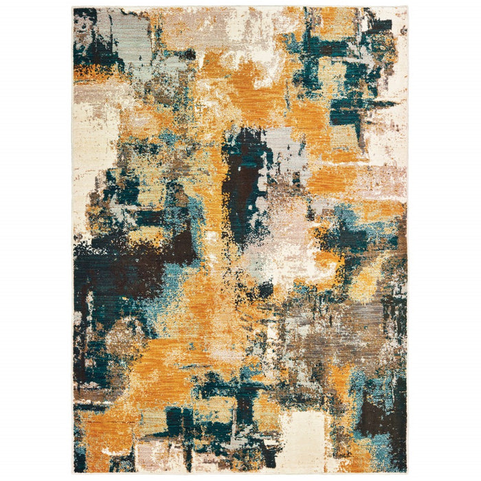 5' X 8' Cream Black and Orange Abstract Power Loom Area Rug