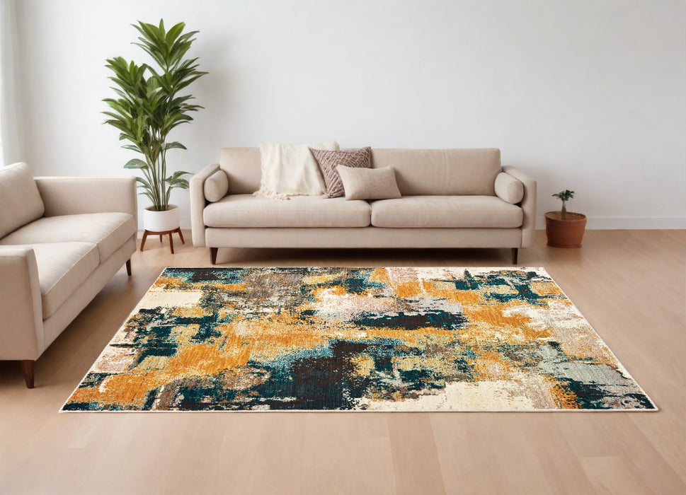 5' X 8' Cream Black and Orange Abstract Power Loom Area Rug