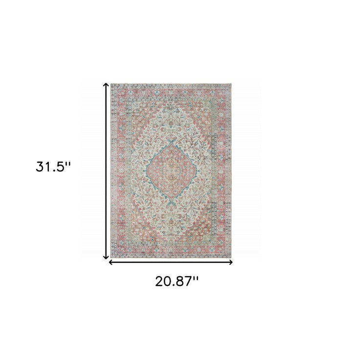 2' X 3' Pink and Ivory Power Loom Area Rug