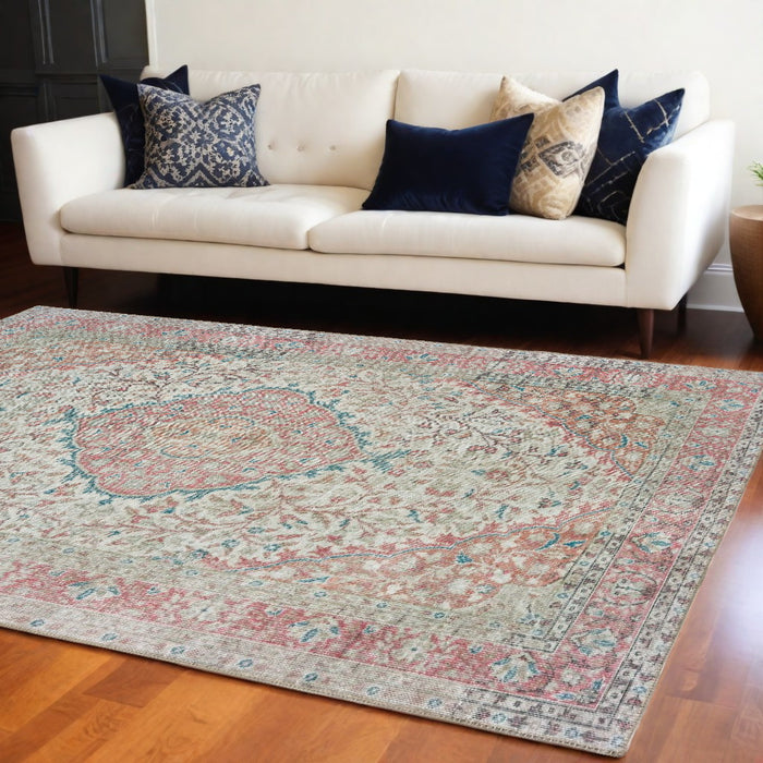 2' X 3' Pink and Ivory Power Loom Area Rug