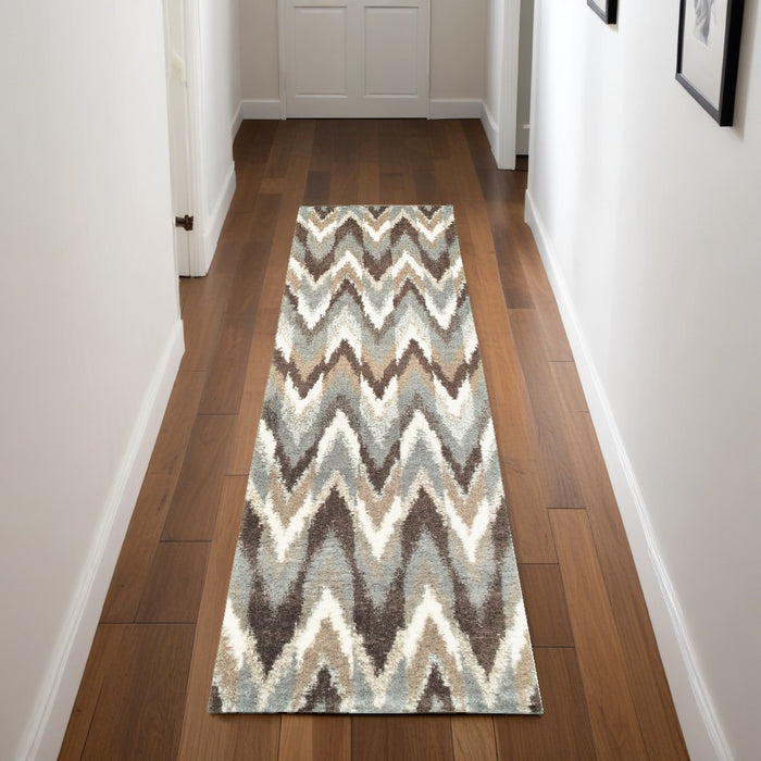 2' X 8' Gray And Taupe Ikat Pattern Runner Rug