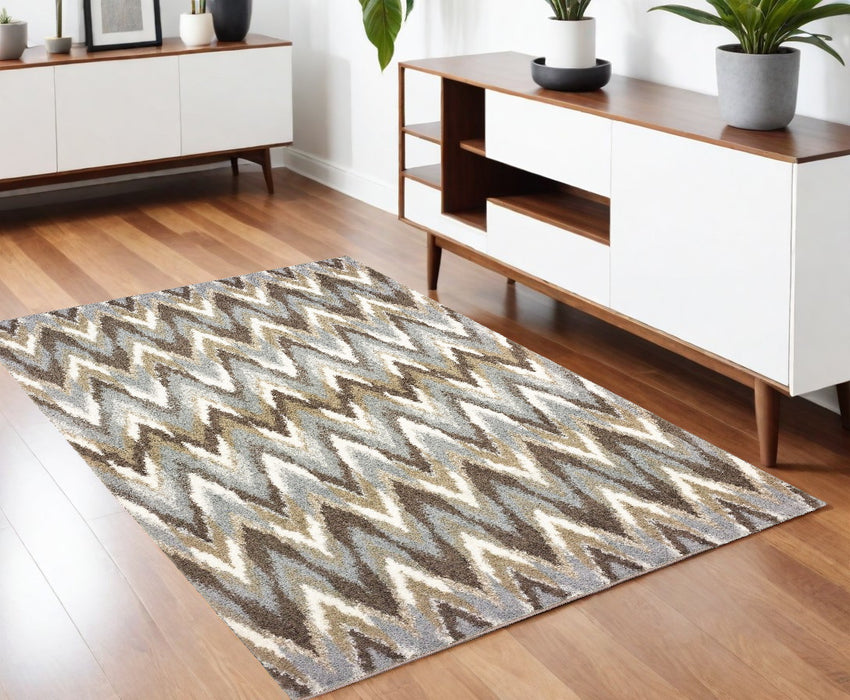 2' X 8' Gray And Taupe Ikat Pattern Runner Rug