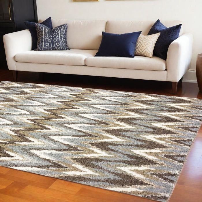 2' X 8' Gray And Taupe Ikat Pattern Runner Rug