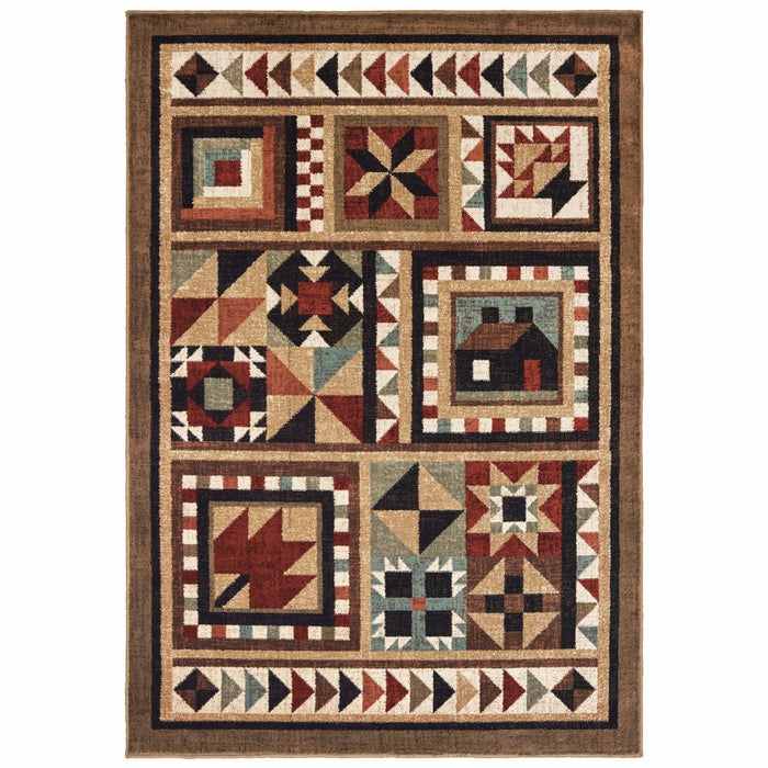 5' X 7' Brown And Red Ikat Patchwork Area Rug