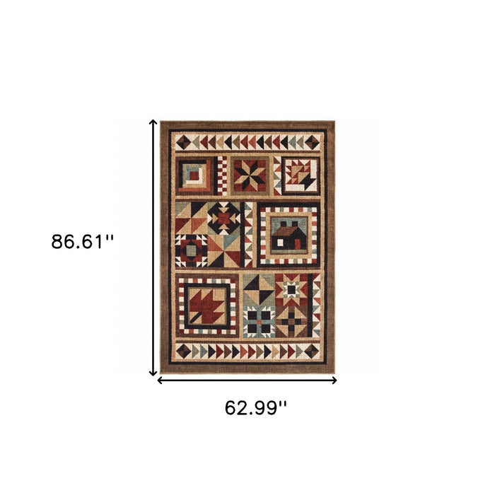 5' X 7' Brown And Red Ikat Patchwork Area Rug