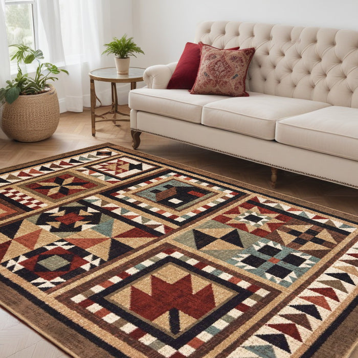 8' X 10' Brown And Red Ikat Patchwork Area Rug