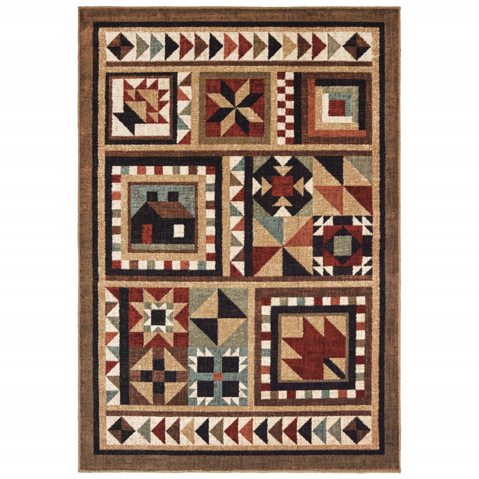 8' X 10' Brown And Red Ikat Patchwork Area Rug